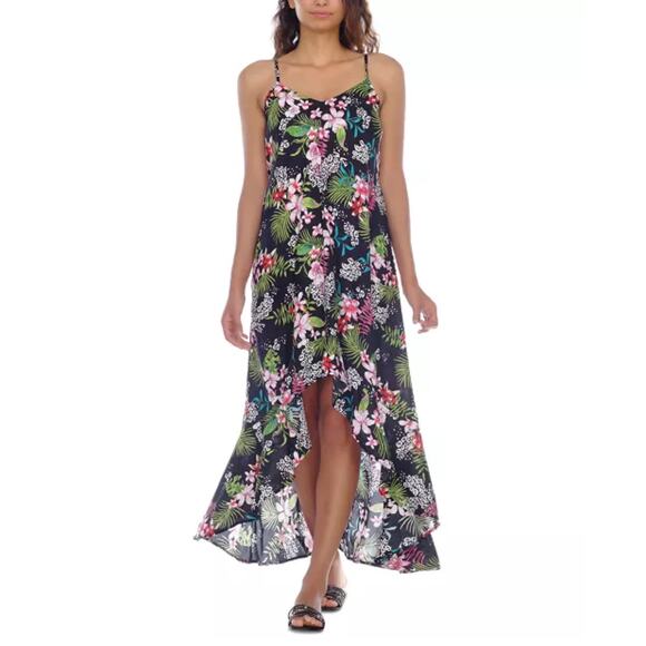 Raviya Hawaiian Midi Dress Women's Size 1X Black Pink Ruffled High Low Coverup - Picture 1 of 12